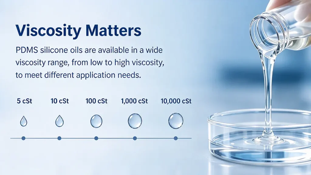 PDMS silicone oil viscosity grades from low to high viscosity, showing how viscosity affects flow and application performance