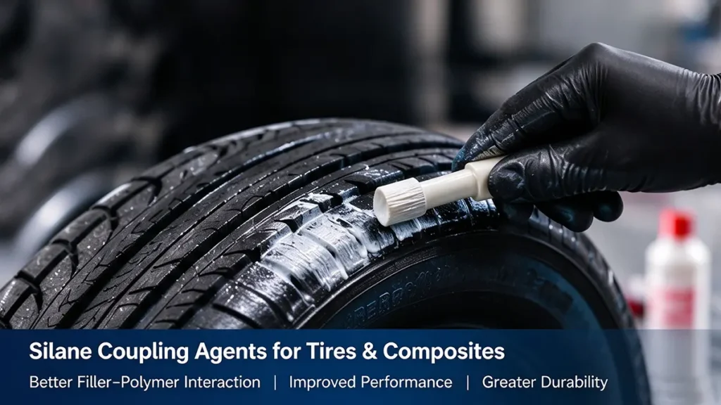 Silane coupling agents used in silica-reinforced tire rubber compounds to improve filler-polymer interaction and optimize tire performance.
