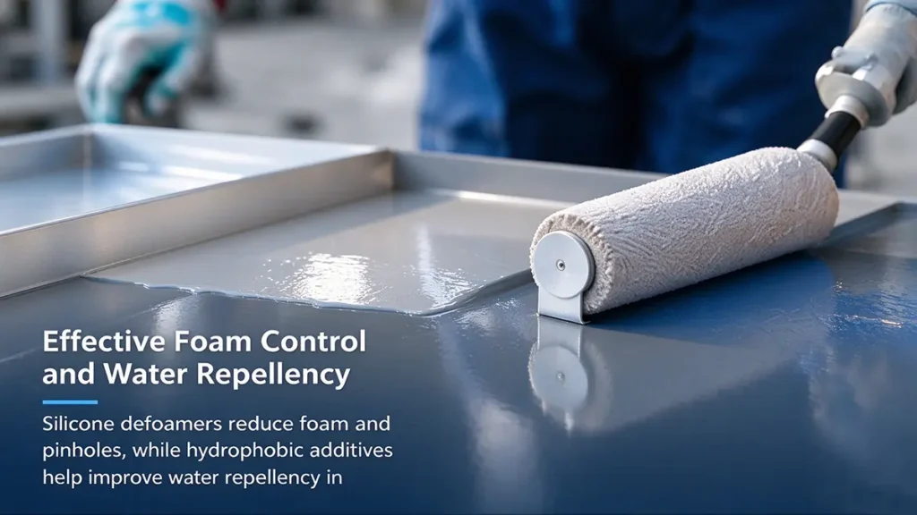 Silicone defoamers help control foam in coatings, while hydrophobic additives improve water repellency in suitable formulations.