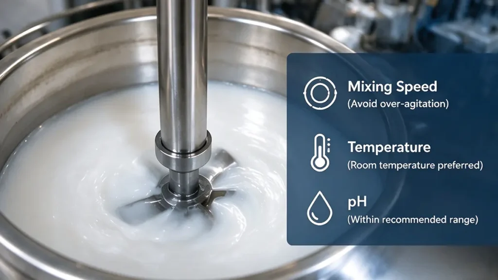 Controlled mixing of silicone emulsion with water in a laboratory to maintain emulsion stability