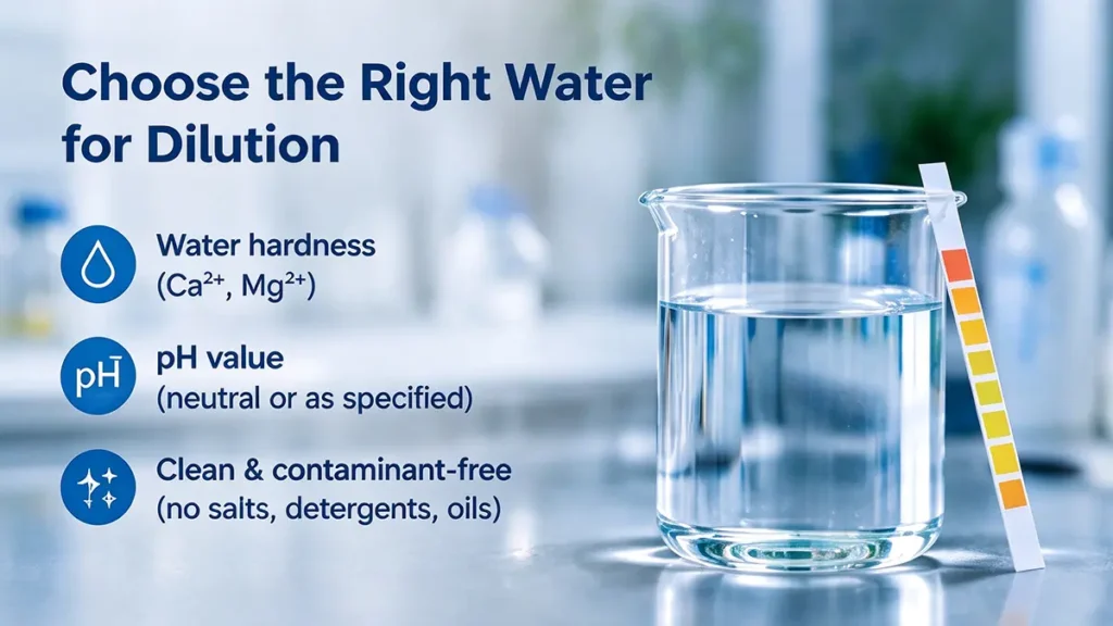 Water quality testing for silicone emulsion dilution, including water hardness, pH and contamination control