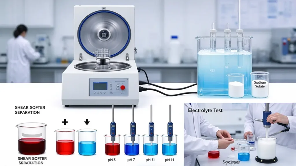 Silicone emulsion formulation and stability testing, showing industrial mixing equipment, laboratory samples and application examples.