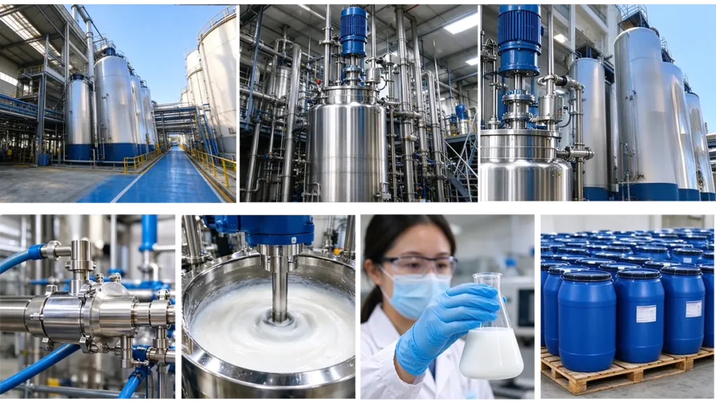 Silicone emulsion manufacturing stages, including formulation, mixing, homogenization, quality control and industrial applications.