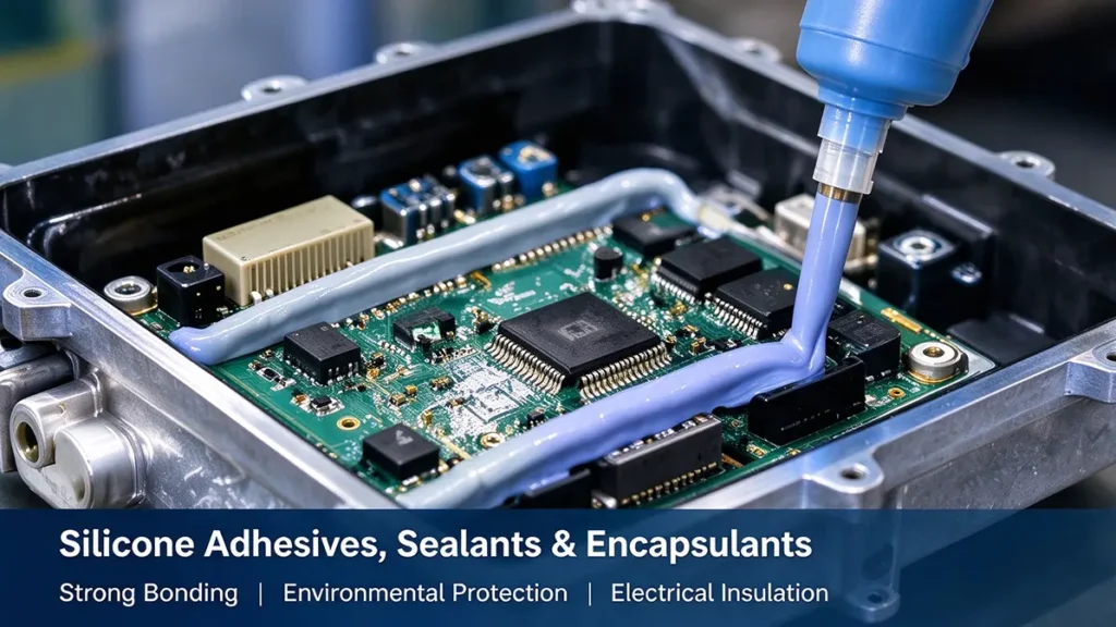 Silicone encapsulant applied to an automotive electronic circuit board to provide component protection and support electrical insulation.