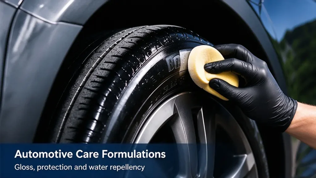 Applying an automotive tire dressing formulated with silicone fluid for gloss and water repellency