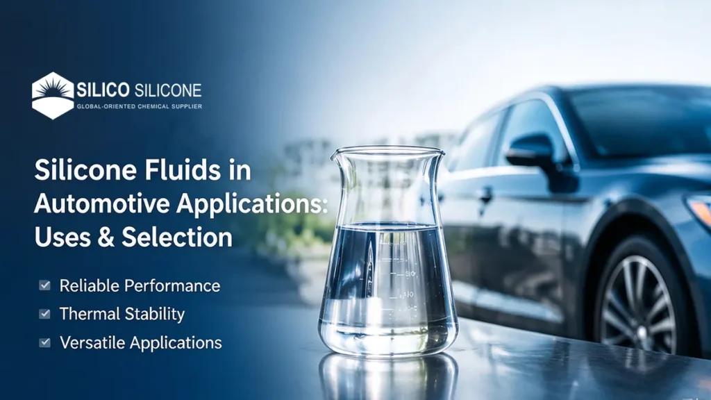 Silicone fluids in automotive applications, featuring a vehicle and silicone fluid sample