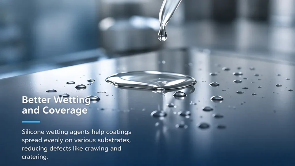 Silicone wetting agents help paint and coatings spread evenly across substrates and reduce surface defects.