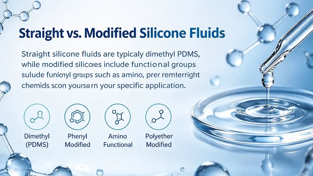 Comparison of straight PDMS silicone fluid and modified silicone fluids including phenyl, amino, polyether, and epoxy functionality